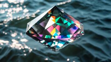 A diamond shaped crystal floating in the water photo