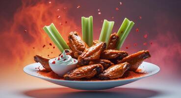 A plate of wings with celery and sauce photo