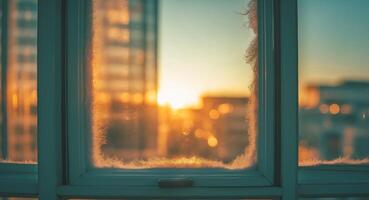 A window with snow on it and the sun setting photo