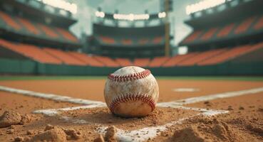 Baseball on the field at an empty stadium photo