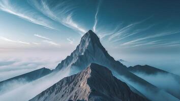 A mountain is seen in the clouds with clouds above it photo