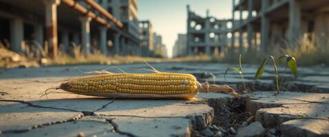 Corn on the cob in a ruined city photo