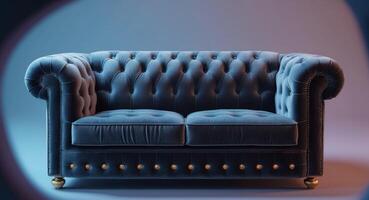 A blue couch with gold studs on it photo