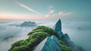 A mountain with trees and clouds above it photo