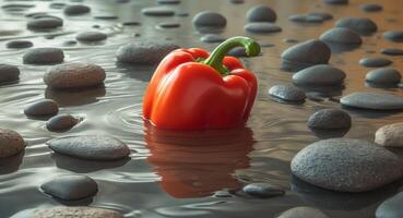A red pepper floating in water with rocks photo