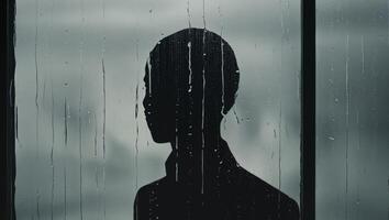 A silhouette of a man standing in front of a window with rain drops on it photo