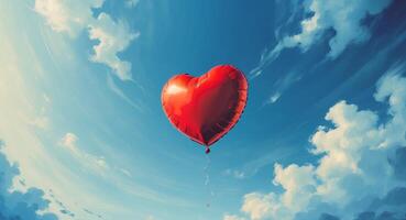 A red heart shaped balloon floating in the sky photo
