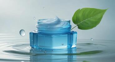 Hydrating Face Cream with Natural Ingredients, Represented with Water and Green Leaf photo