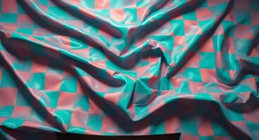 Abstract Checkered Fabric with Draped Folds and Shadows, Teal and Peach Tones photo