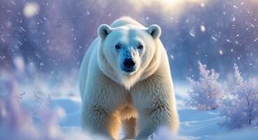 A polar bear is walking through the snow photo