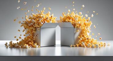 Two White Open Boxes with Falling Popcorn on a White Table, Studio Setting photo