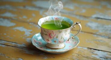 Steaming Cup of Green Tea in Floral China Teacup, on a Distressed Wooden Surface photo