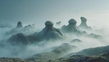 A group of rocks in the fog with clouds above photo