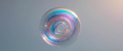 Bubbles floating in a blue sky with a rainbow swirl photo