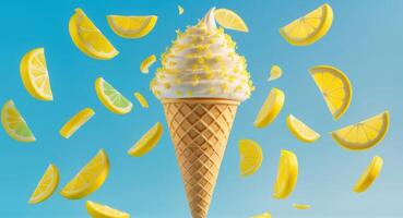 An ice cream cone with lemon slices and a blue sky photo