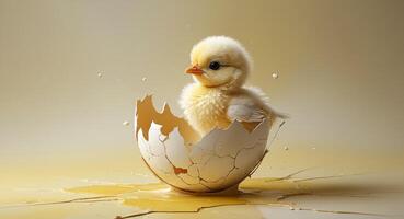 Adorable Fluffy Chick Hatching from a Cracked Egg on a Creamy Yellow Background photo