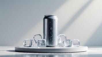 A can of energy drink sitting on top of ice cubes photo