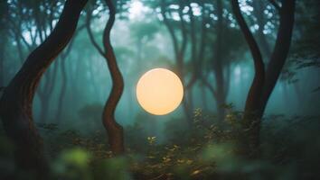 A light ball is floating in the middle of a forest photo