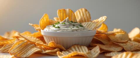 Crispy, golden ridged potato chips surrounding a creamy, herbed dip in a white bowl. photo
