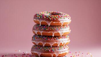A stack of donuts with sprinkles on a pink background photo