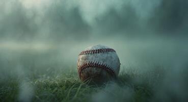 A baseball is sitting on the grass in a foggy field photo
