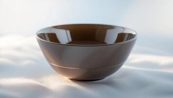 A brown cup sitting on a white surface photo