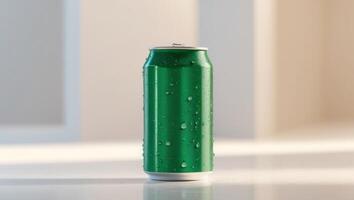 A green can of soda sitting on a table photo