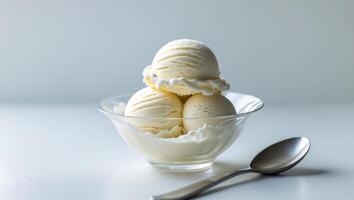 Three Scoops of Vanilla Ice Cream in Glass Bowl with Spoon, Minimalist Dessert photo