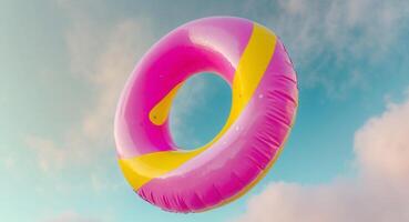 A pink and yellow inflatable ring floating in the air photo