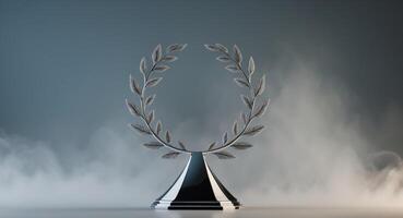 Silver Laurel Wreath Trophy on a Black Stand with Ethereal Fog Background, Award Concept photo