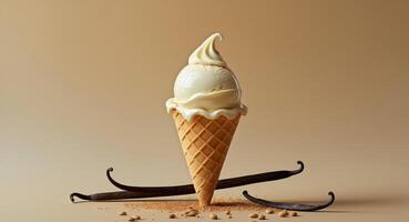Vanilla Ice Cream Cone with Vanilla Beans and Crumbled Topping on a Beige Background photo