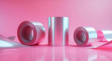 A stack of silver foil on a pink background photo