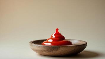 A bowl of ketchup sitting on top of a table photo
