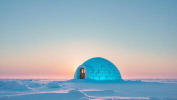 An igloo sits in the middle of a snowy field photo