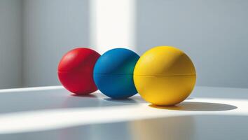 Three colorful plastic eggs sit on a table photo