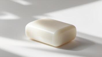 A white soap bar sitting on a white surface photo