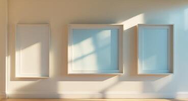 Three empty frames on a wall in an empty room photo