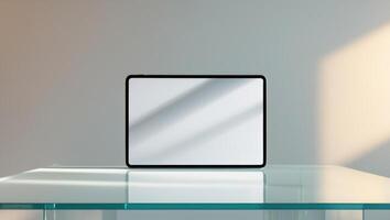 A white square on a glass table in front of a wall photo