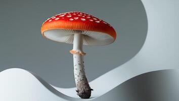 A red and white mushroom is sitting on top of a white surface photo