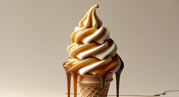 An ice cream cone with caramel drips and a swirl photo