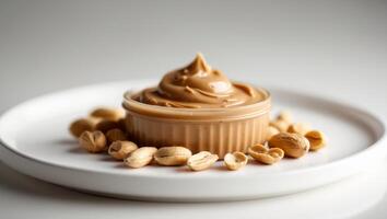 Peanut butter on a plate with peanuts photo