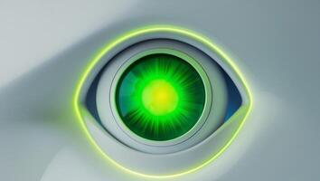 A green eye with a glowing light in the middle photo