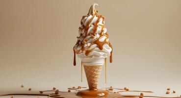 An ice cream cone with caramel drips on top photo