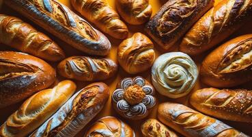 Many different types of breads are arranged in a circle photo