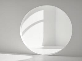A white room with a circular mirror in the corner photo