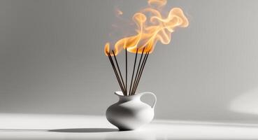 Burning Incense Sticks in a White Vase, Calming Aroma and Minimalist Setting. photo