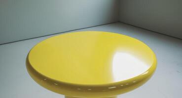 Contemporary Yellow Round Table or Stool with Glossy Finish in a Minimalist Setting. photo