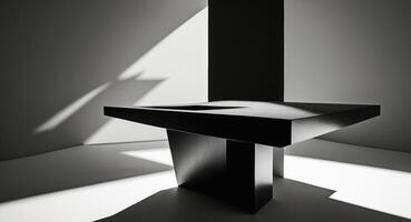 Minimalist Black Table in a White Room with Strong Light and Shadow Contrast, Abstract Design photo