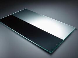 Rectangular Glass Plate on a Grey Background with Reflected Light and Shadows. photo