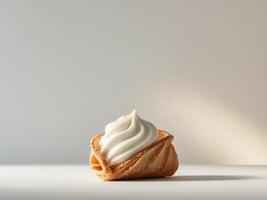 A pastry with cream on top on a white surface photo